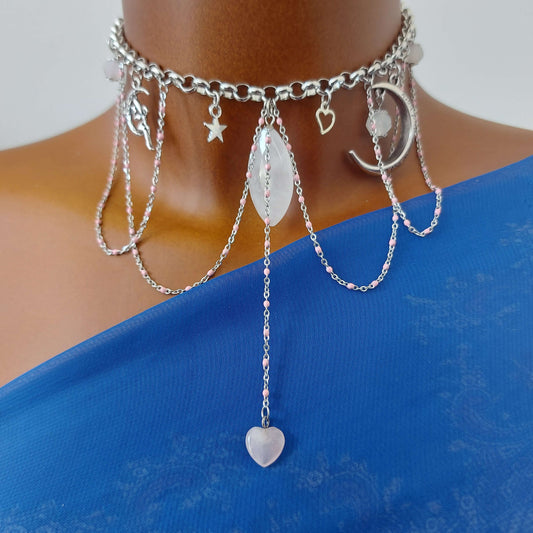 MOON LOVE FAIRY Boho Choker with Rose Quartz, Moon Fairy and Moon Pendants