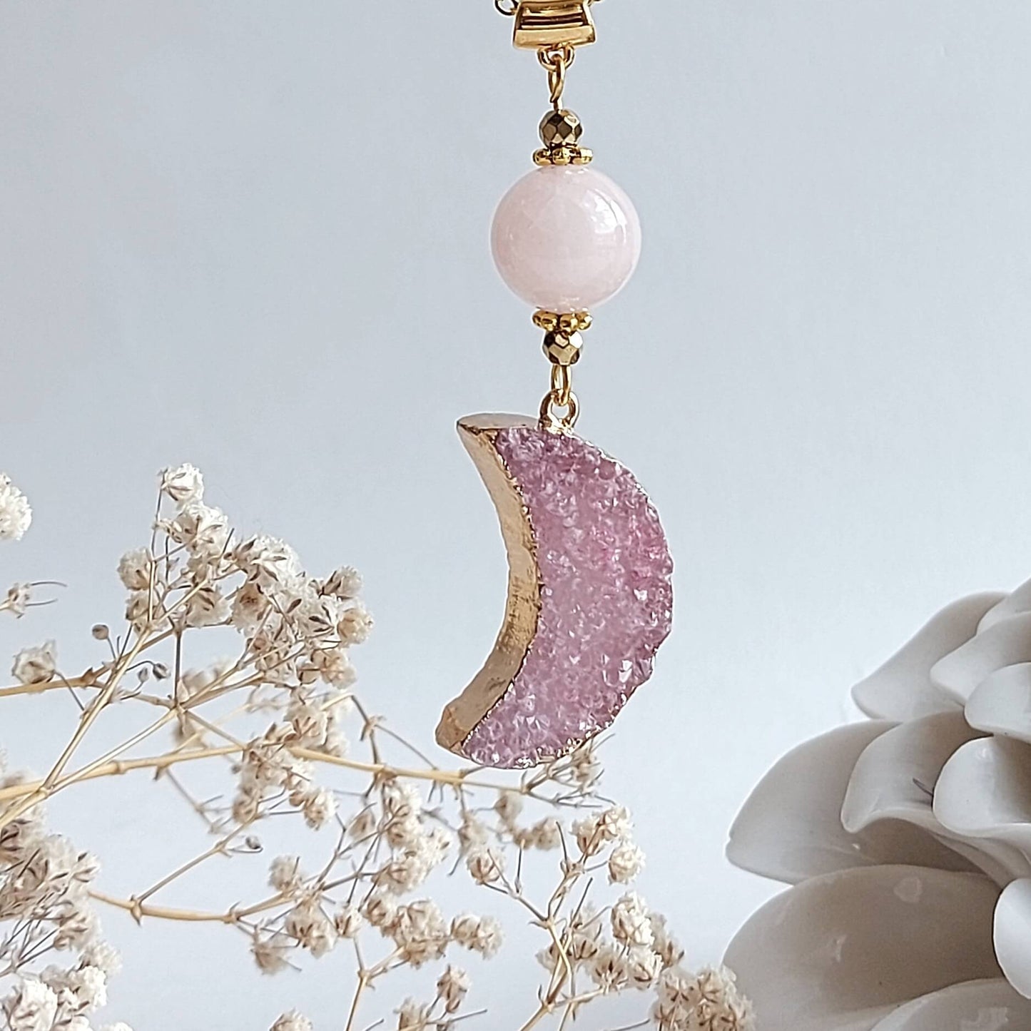 MOON LOVE Boho Necklace with Rose Quartz and Hematite