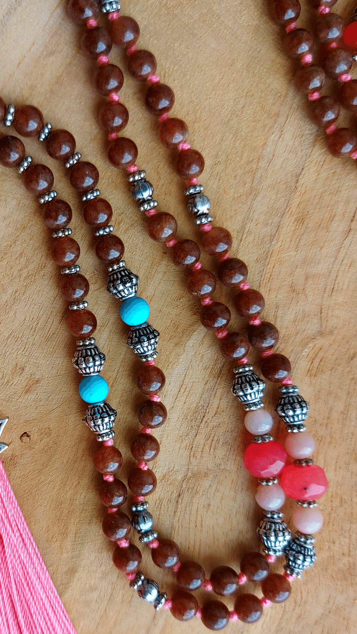 CALM MIND Mala Meditation Necklace with Brown, Orange, Pink Agate, Blue Turquoise, Pink Green Persian Jade