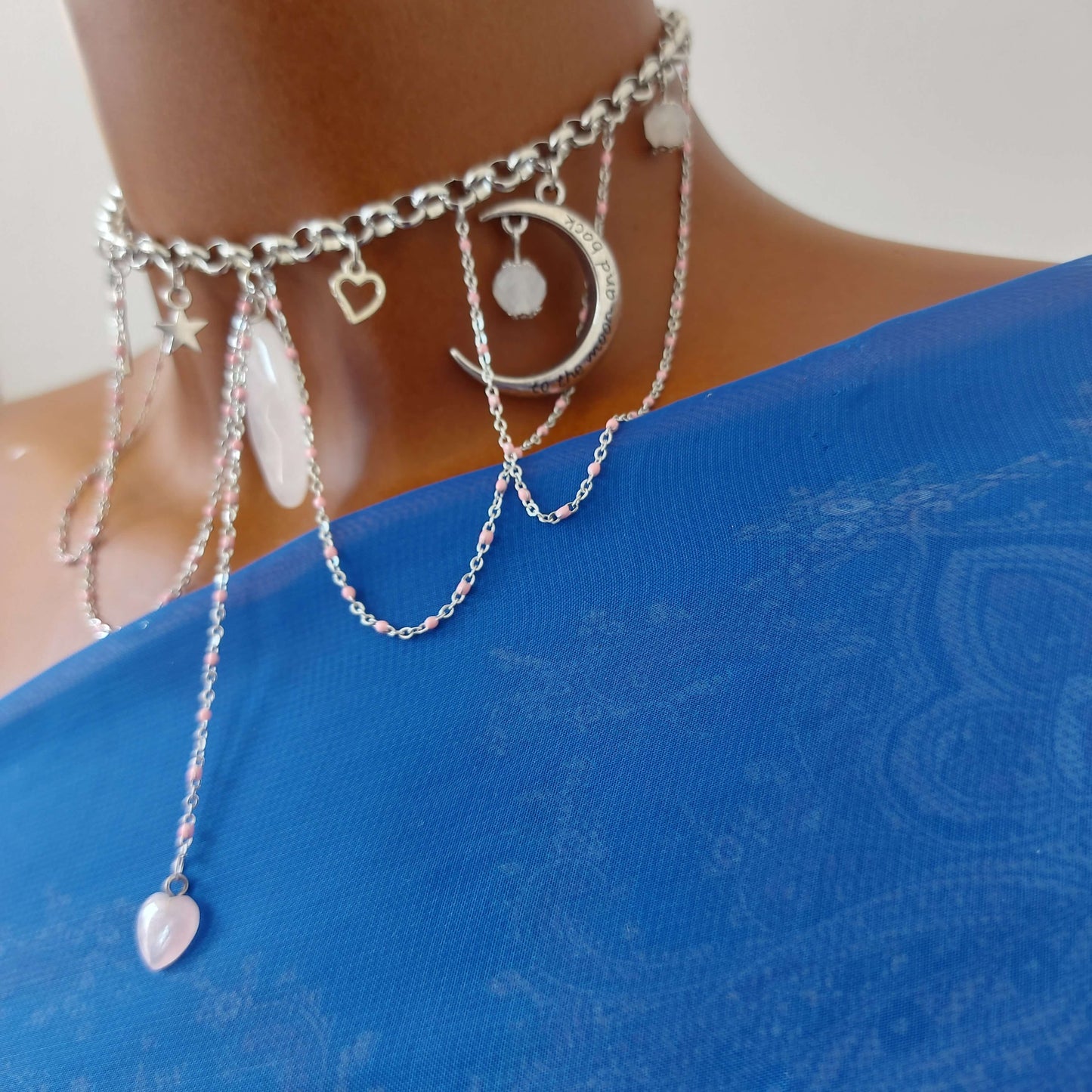 MOON LOVE FAIRY Boho Choker with Rose Quartz, Moon Fairy and Moon Pendants