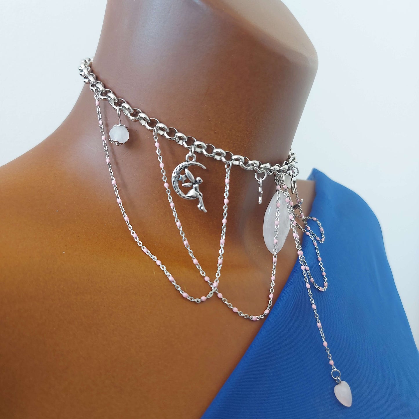 MOON LOVE FAIRY Boho Choker with Rose Quartz, Moon Fairy and Moon Pendants