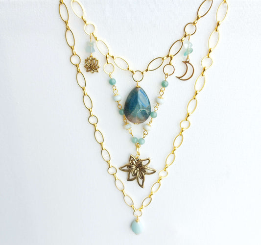 SERENITY Boho Necklace with Amazonite, Fluorite, Agate, Jade and Aquamarine