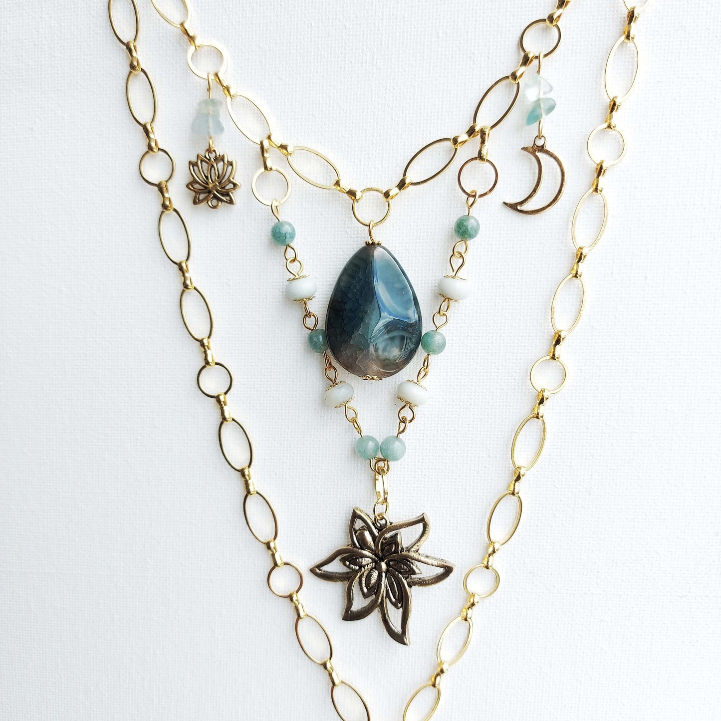 SERENITY Boho Necklace with Amazonite, Fluorite, Agate, Jade and Aquamarine