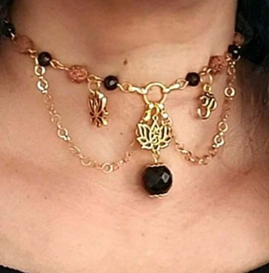 AKASHA Boho Collar Necklace with Sacred Rudraksha and Onyx