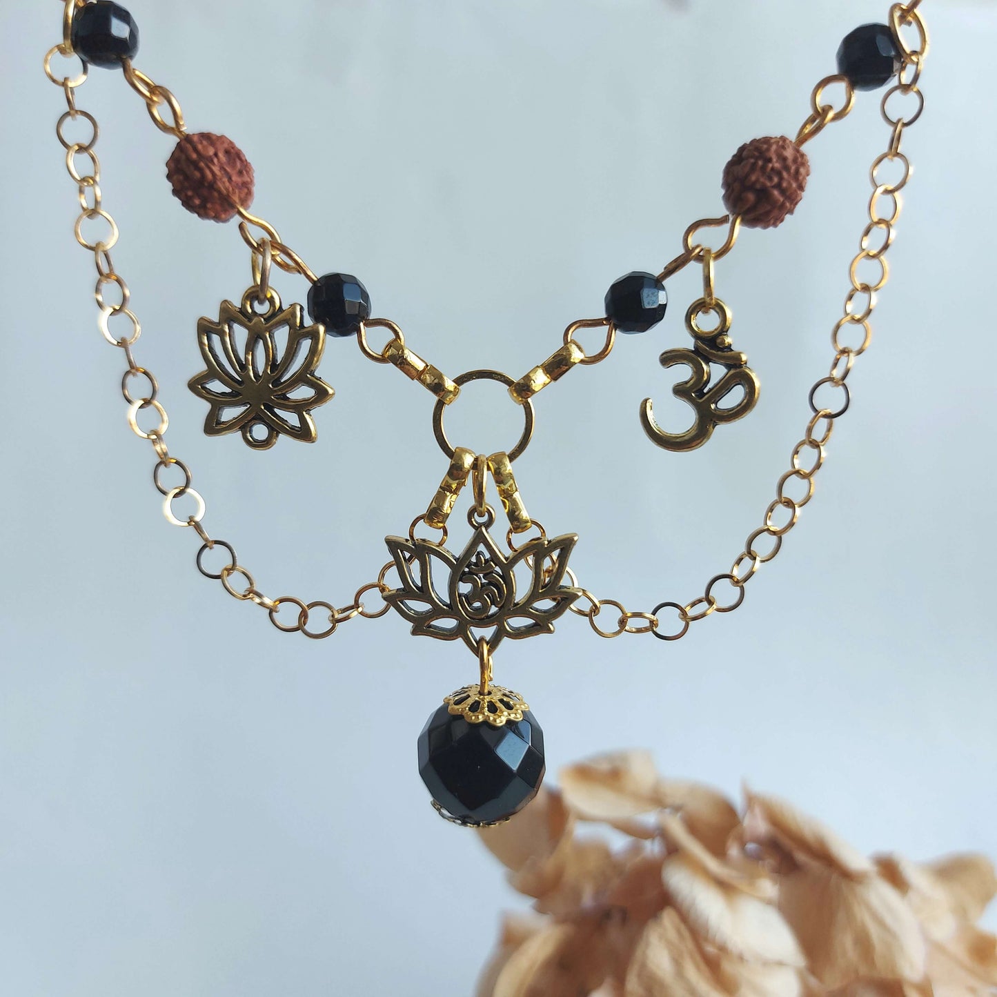 AKASHA Boho Collar Necklace with Sacred Rudraksha and Onyx