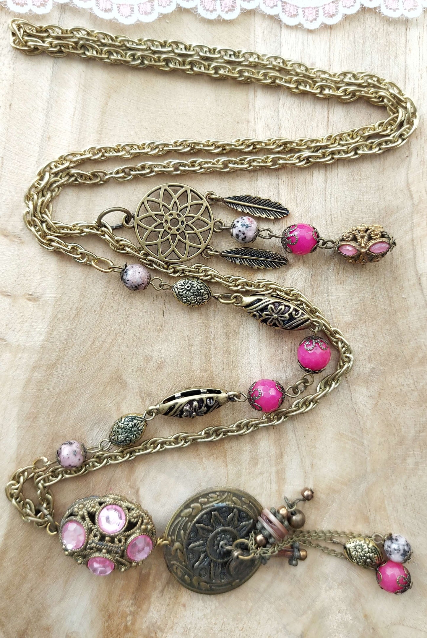 DREAMCATCHER Long Bronze Boho Necklace with Labradorite and Jade