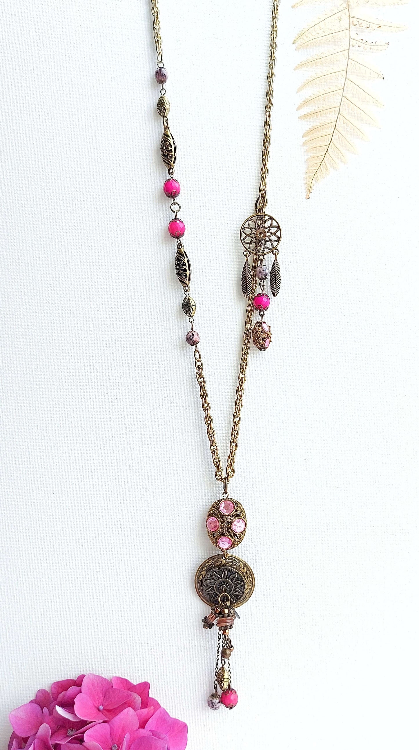 DREAMCATCHER Long Bronze Boho Necklace with Labradorite and Jade
