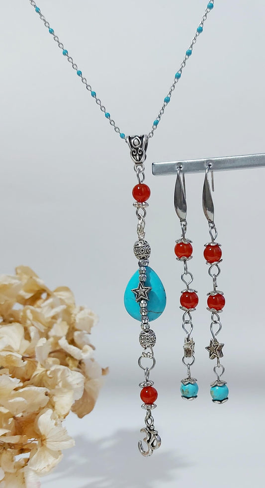 PASSIONATE HEART Boho Set necklace and earrings with Carnelian, Turquoise and Howlite