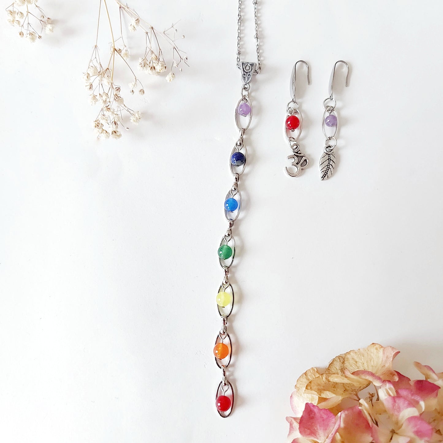 CHAKRA FLOW silver colored set Necklace and Earrings with Jade, Lapis Lazuli, Chevron Amethyst