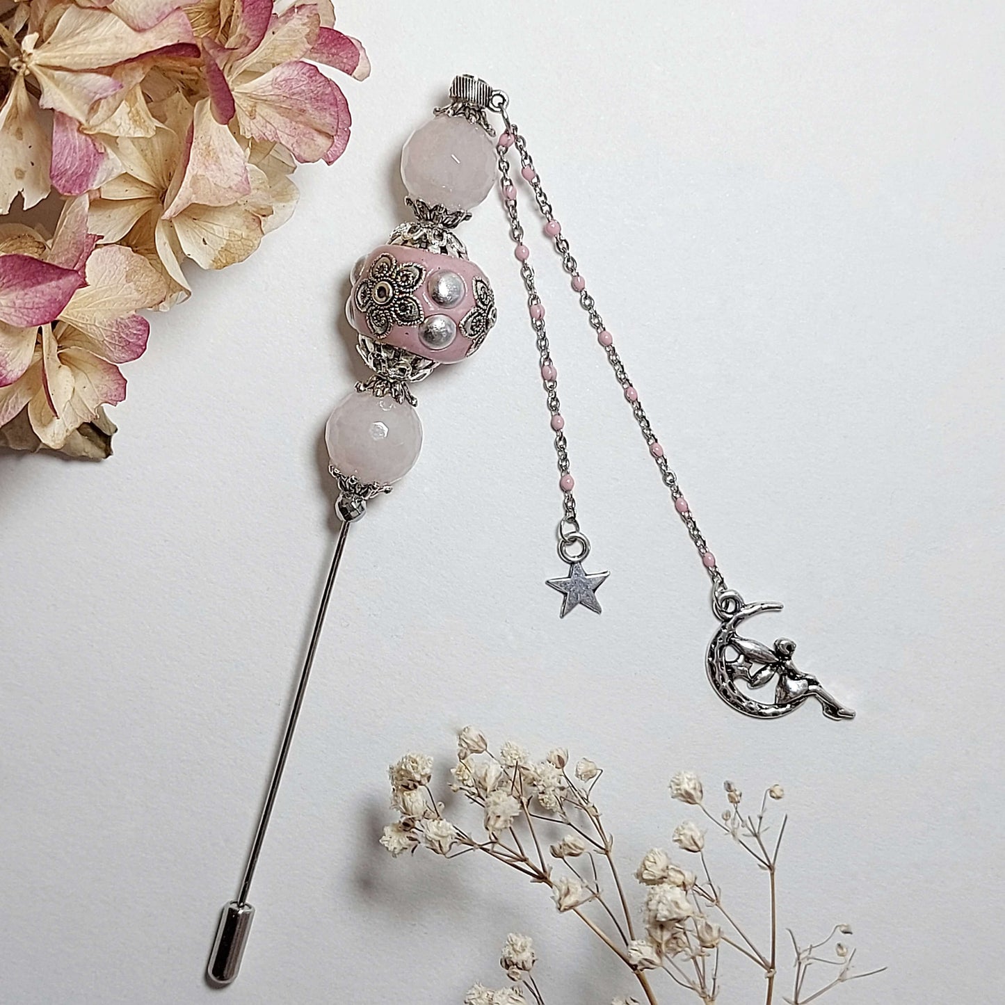 LOVE ALWAYS Boho Boutonniere Pin with gemstones Rose Quartz and Hematite and moon fairy pendant