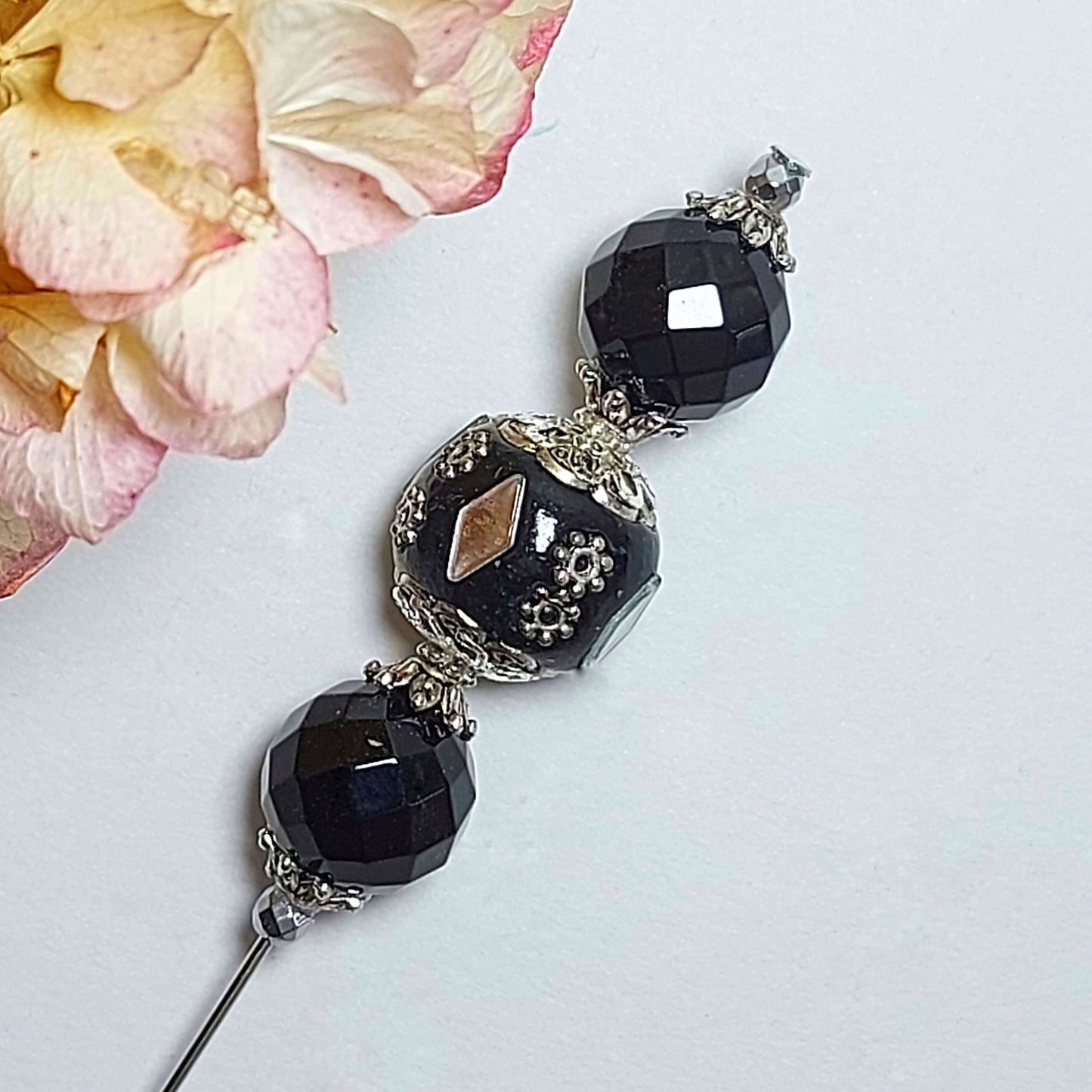 BLACK MAGIC Boho Gemstone Boutonniere Pin with Onyx and Hematite