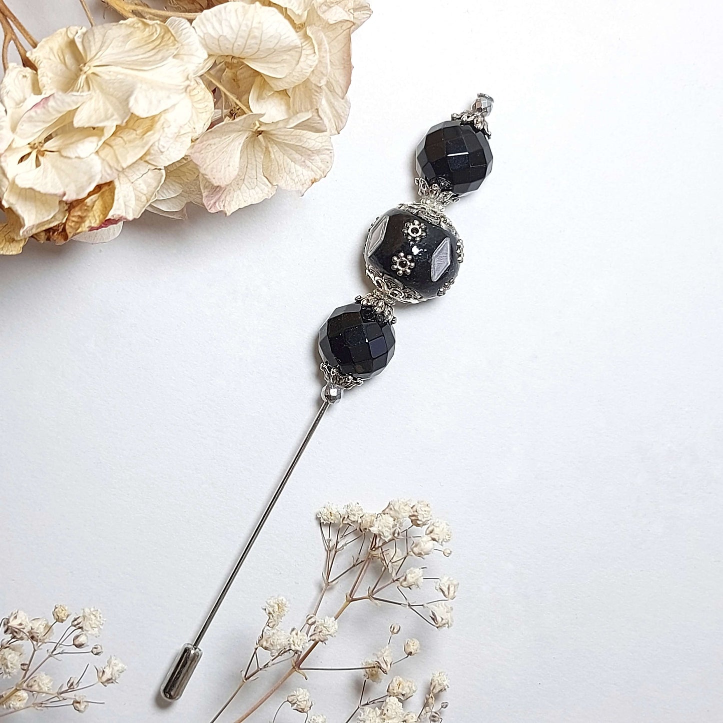 BLACK MAGIC Boho Gemstone Boutonniere Pin with Onyx and Hematite
