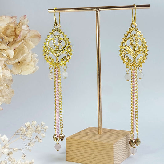 long glamorous earrings with rose quartz and hematite