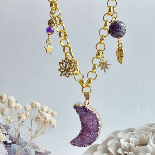 MOON SPIRIT Boho Necklace with Amethyst, Jade and Hematite
