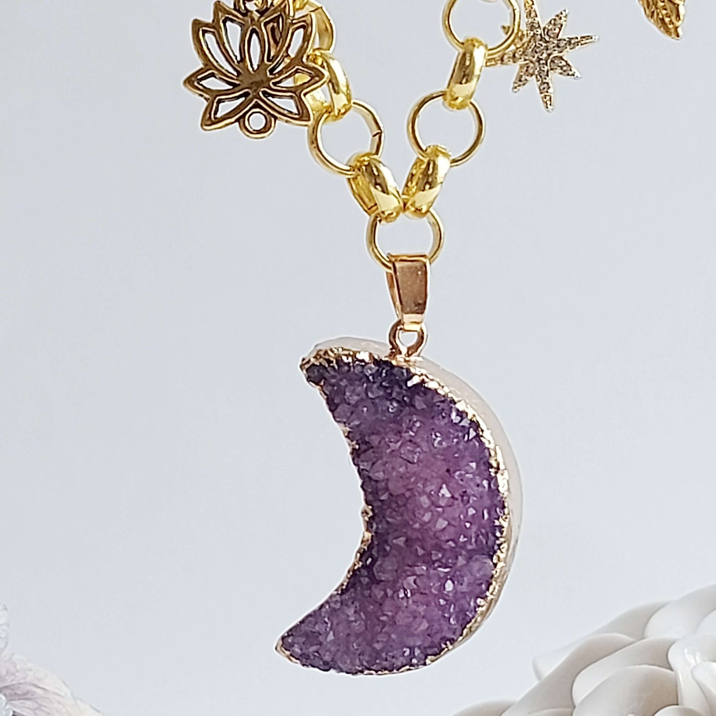 MOON SPIRIT Boho Necklace with Amethyst, Jade and Hematite