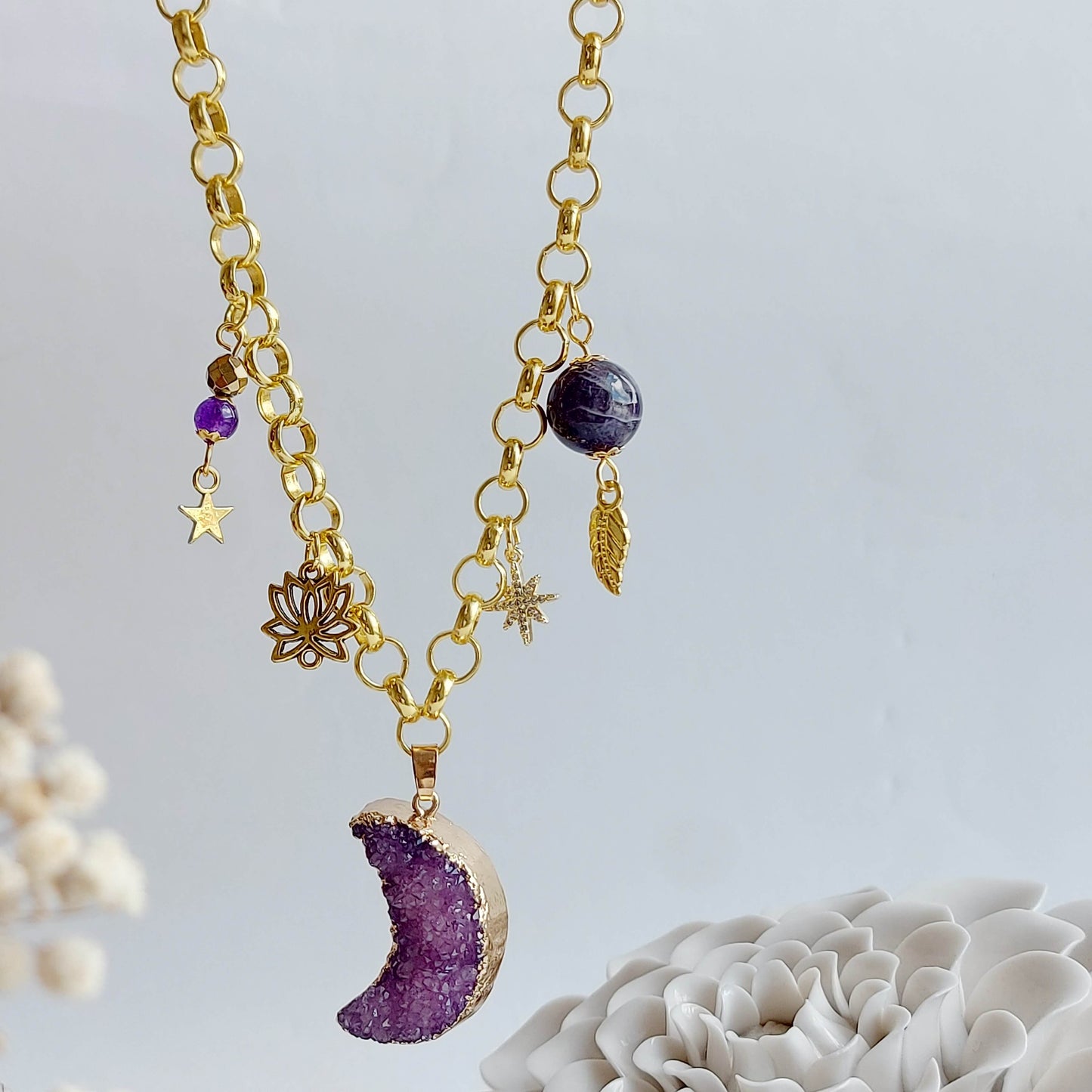 MOON SPIRIT Boho Necklace with Amethyst, Jade and Hematite