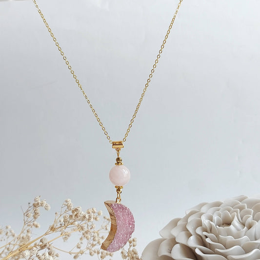 MOON LOVE Boho Necklace with Rose Quartz and Hematite