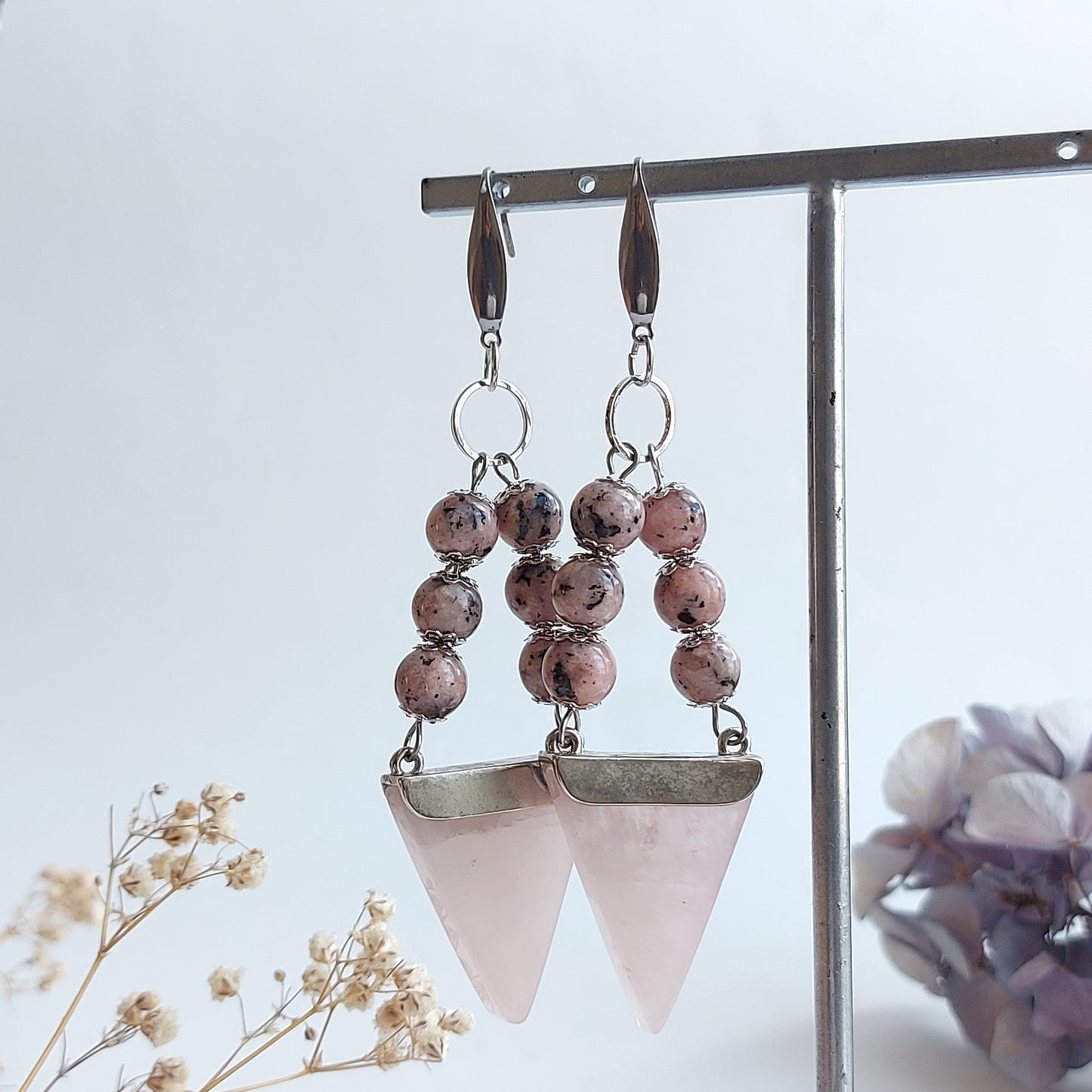 HIGHER LOVE Boho Earrings with Rose Quartz and Labradorite
