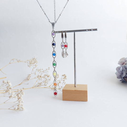 CHAKRA FLOW silver colored set Necklace and Earrings with Jade, Lapis Lazuli, Chevron Amethyst