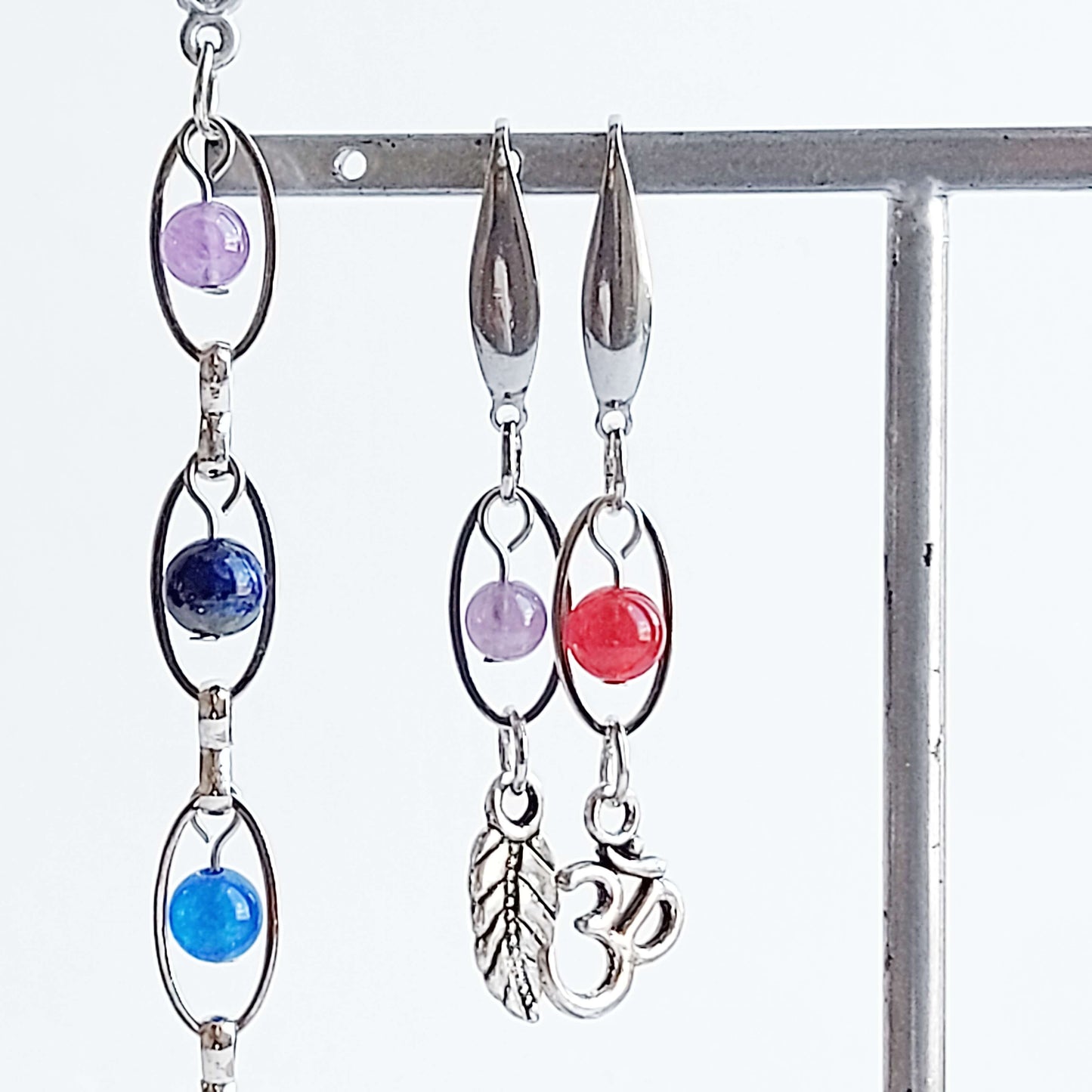 CHAKRA FLOW silver colored set Necklace and Earrings with Jade, Lapis Lazuli, Chevron Amethyst