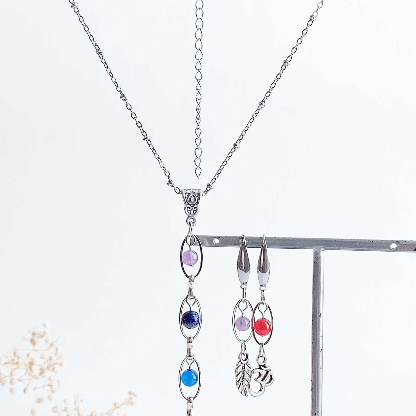 CHAKRA FLOW silver colored set Necklace and Earrings with Jade, Lapis Lazuli, Chevron Amethyst
