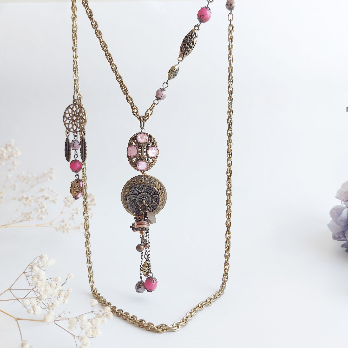 DREAMCATCHER Long Bronze Boho Necklace with Labradorite and Jade