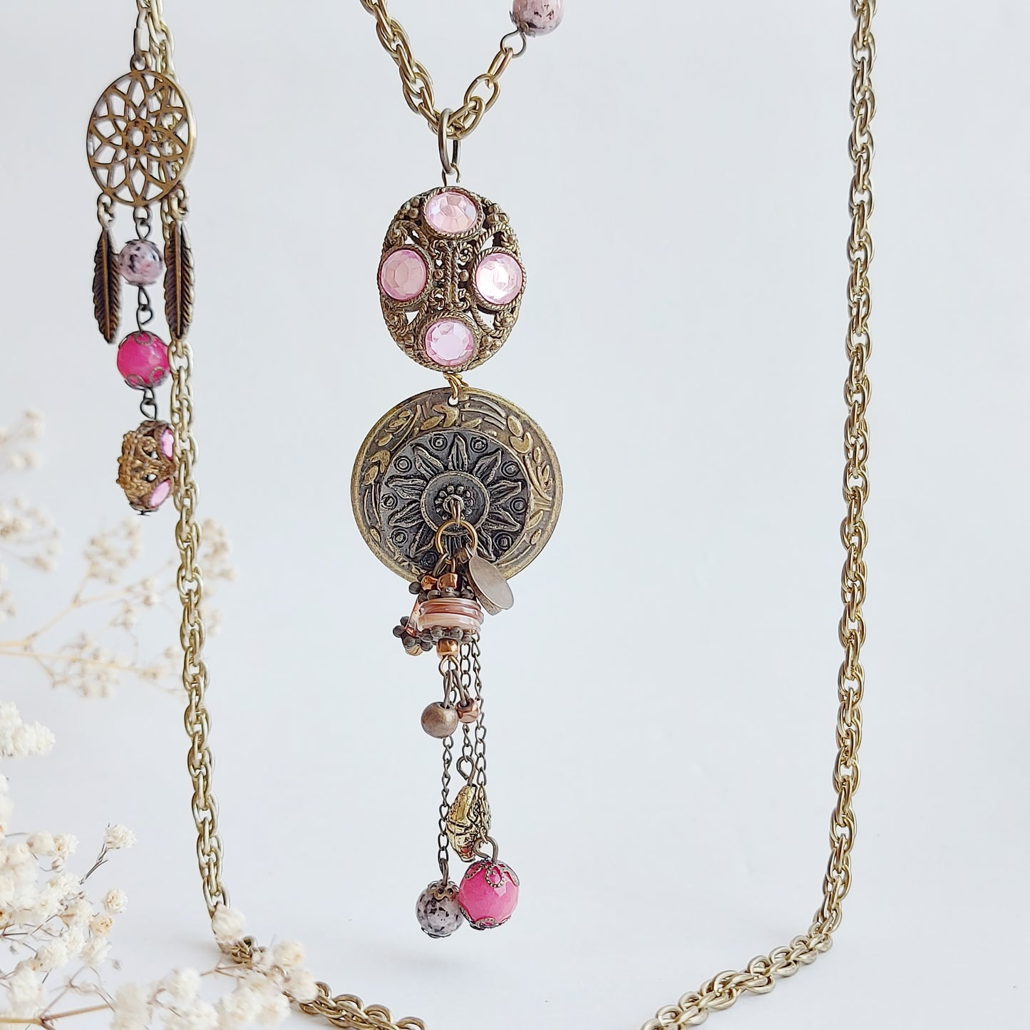 DREAMCATCHER Long Bronze Boho Necklace with Labradorite and Jade