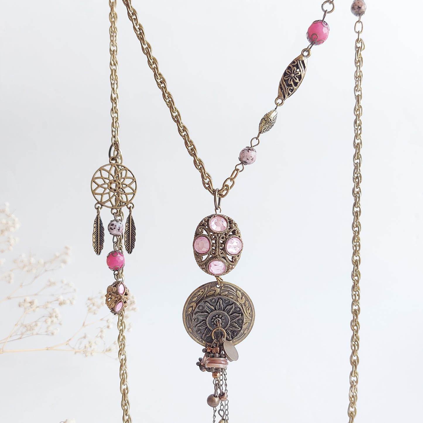 DREAMCATCHER Long Bronze Boho Necklace with Labradorite and Jade