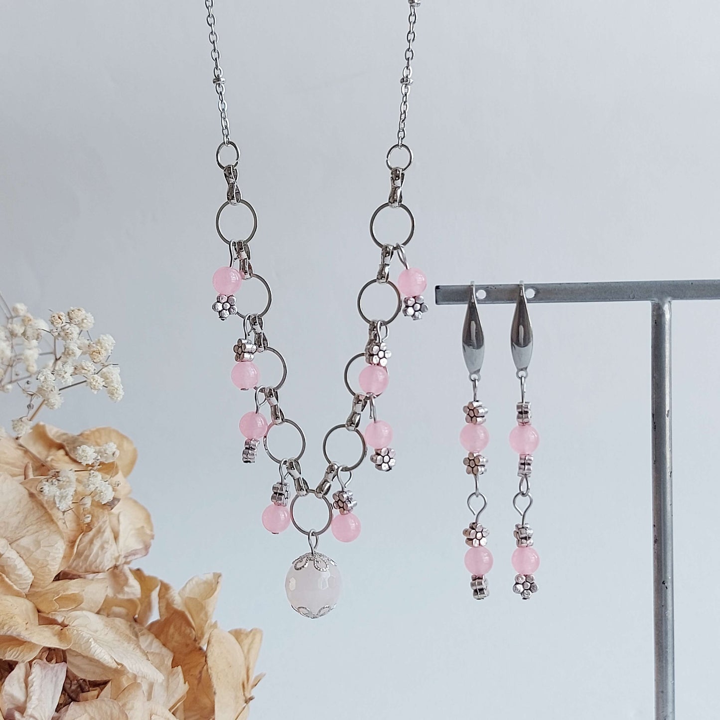 ONLY LOVE Boho set necklace and earrings with Rose Quartz