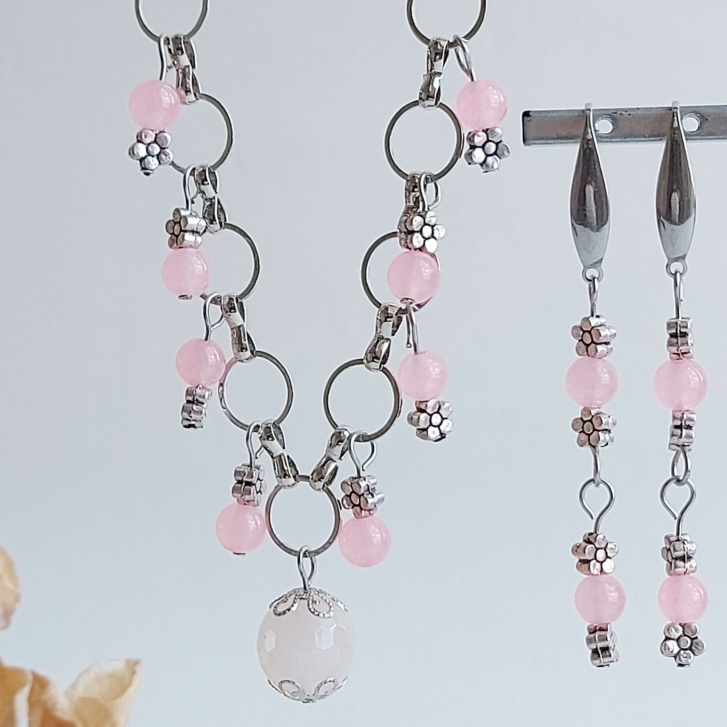 ONLY LOVE Boho set necklace and earrings with Rose Quartz