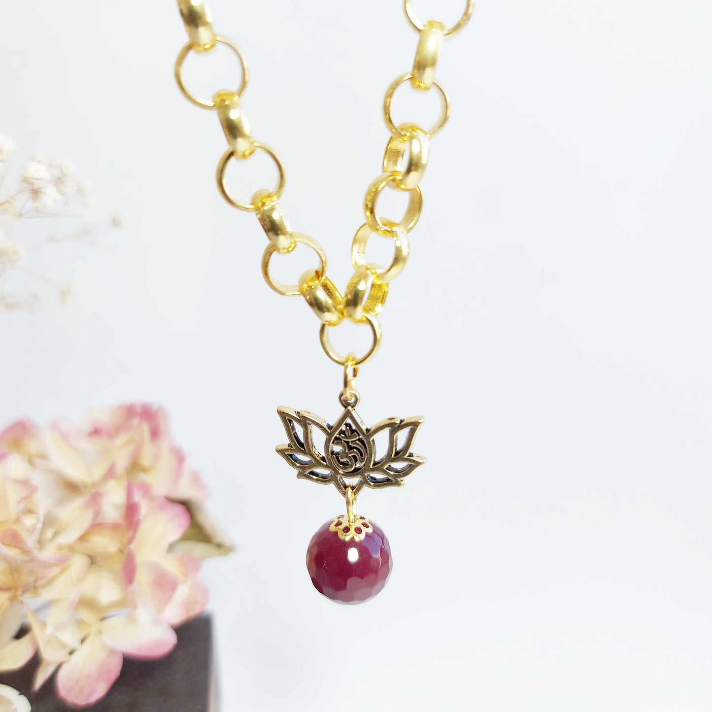 JENNA RED MAGIC Boho Necklace with Agate and AUM in Lotus pendant