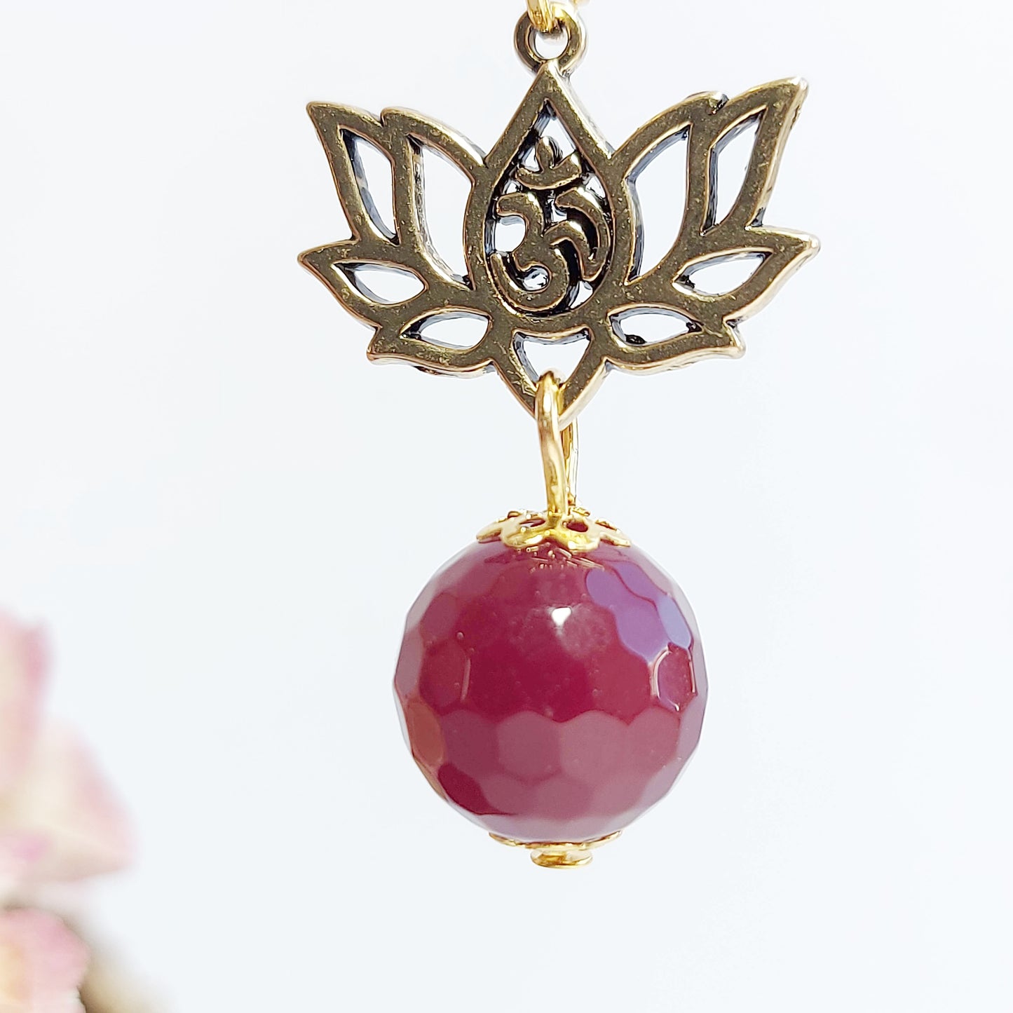JENNA RED MAGIC Boho Necklace with Agate and AUM in Lotus pendant
