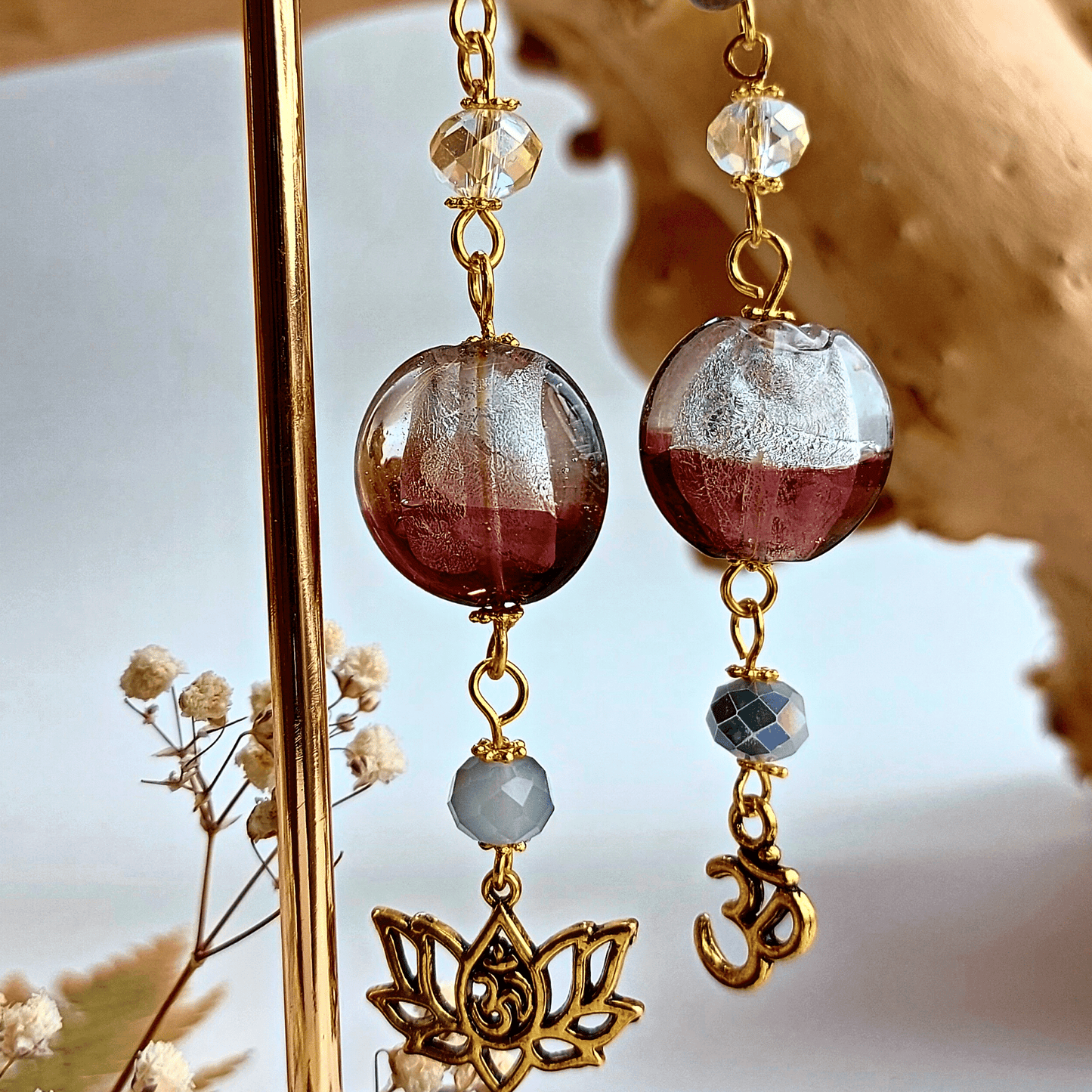 BRIGHT SPIRIT Boho oorbellen met grote Amethist en glaskralen
