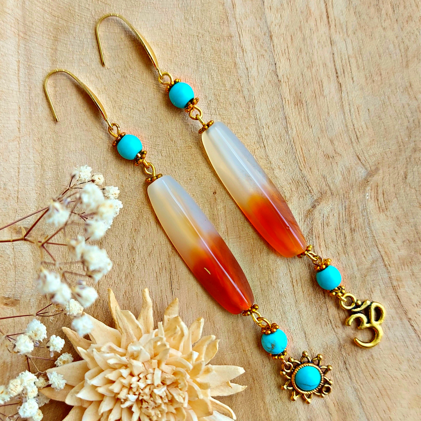 FIRE AND ICE Boho Earrings with Cream Orange Agate, Blue Turquoise and Blue Howlite