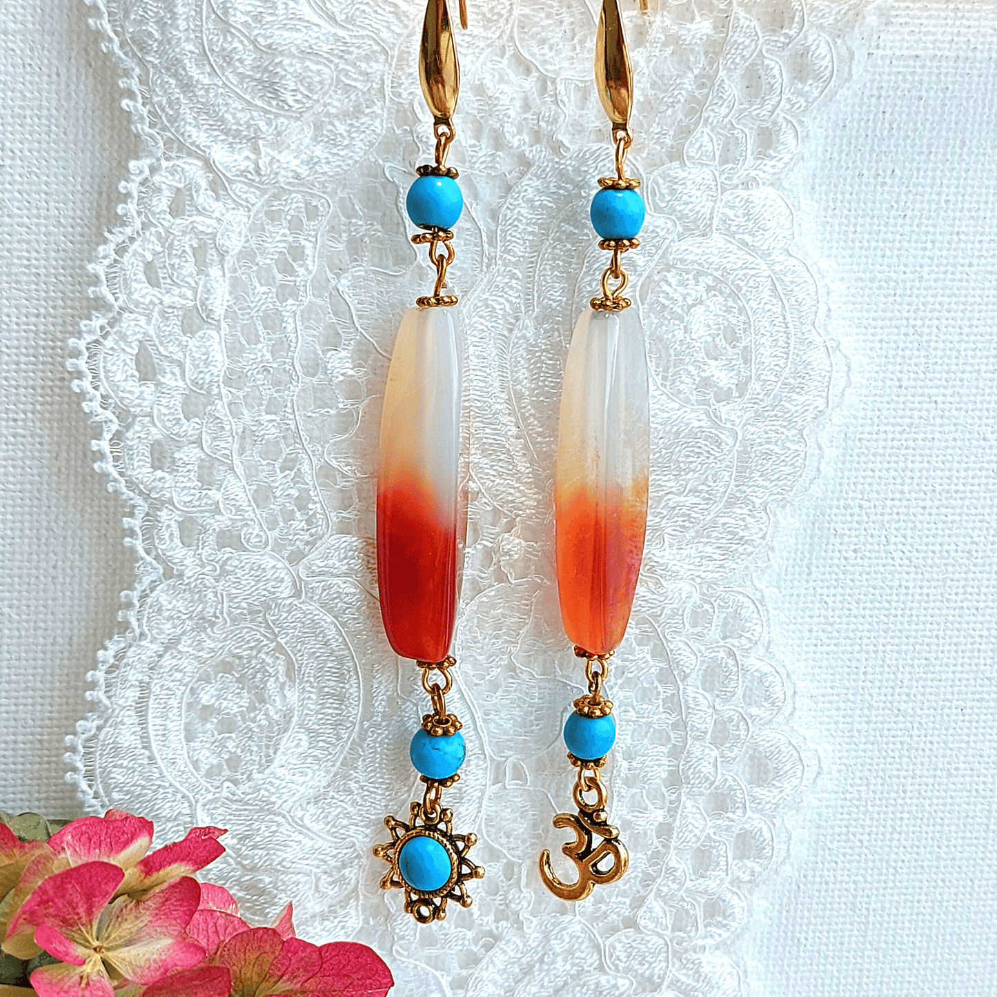 FIRE AND ICE Boho Earrings with Cream Orange Agate, Blue Turquoise and Blue Howlite