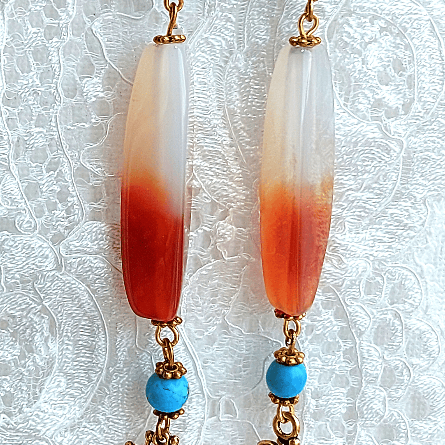 FIRE AND ICE Boho Earrings with Cream Orange Agate, Blue Turquoise and Blue Howlite
