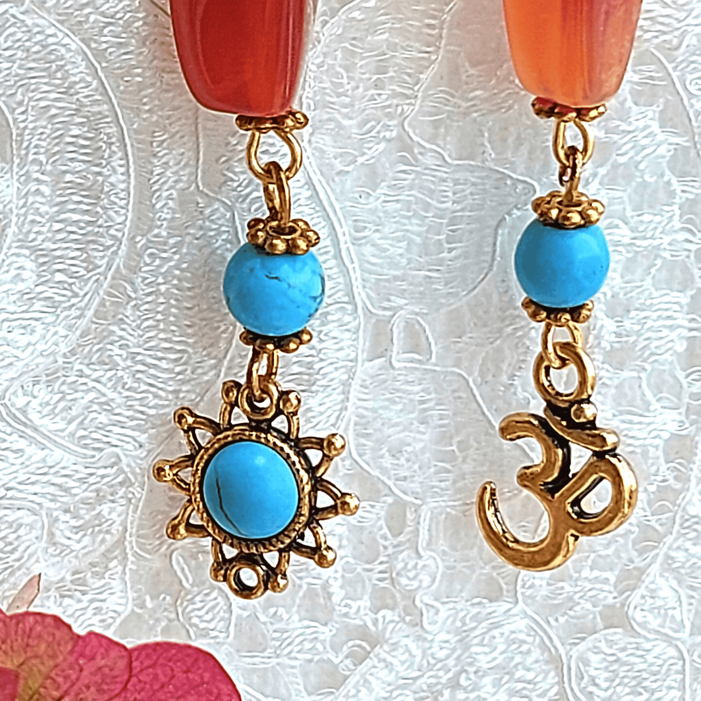 FIRE AND ICE Boho Earrings with Cream Orange Agate, Blue Turquoise and Blue Howlite