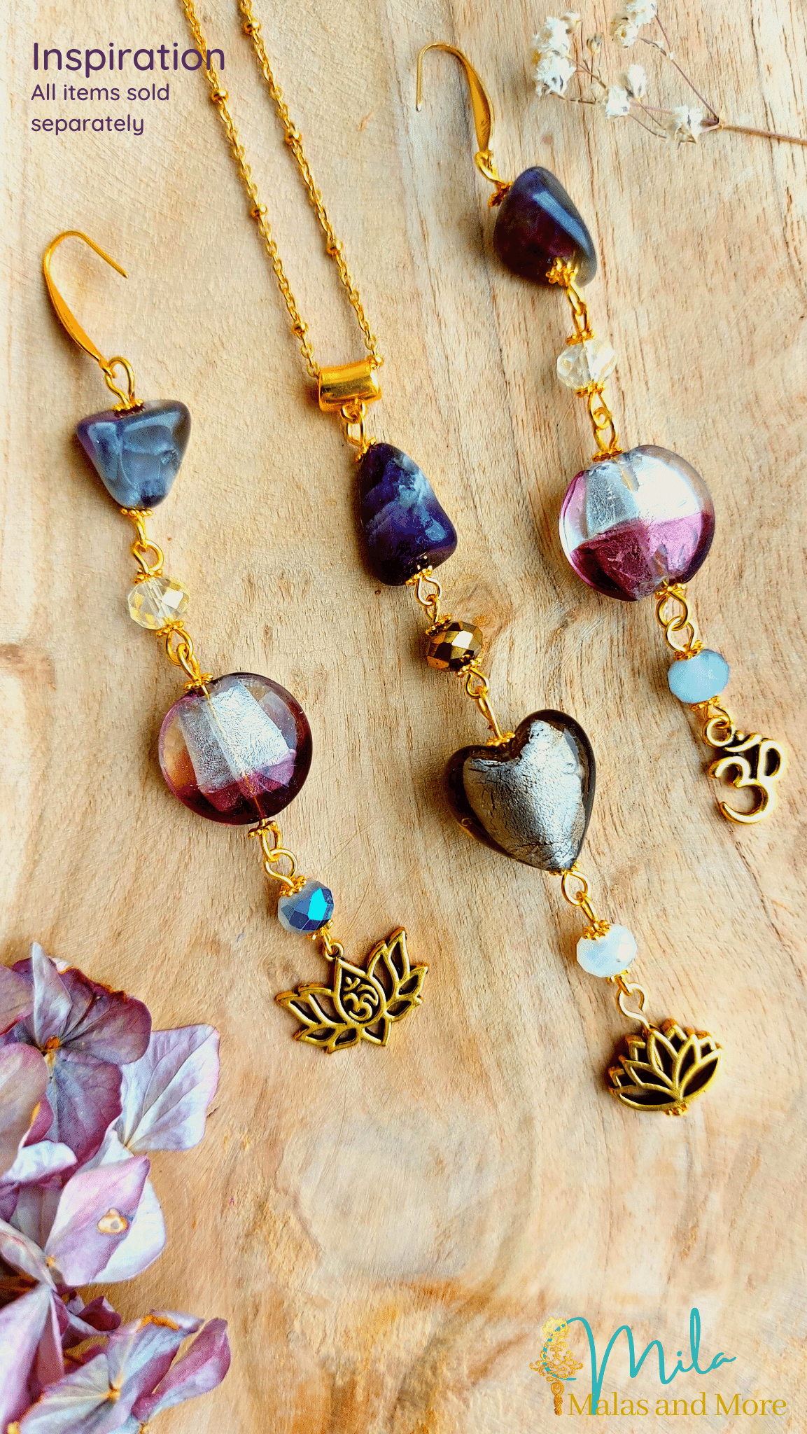 Ketting met bijpassende oorbellen amethist en ohm hanger