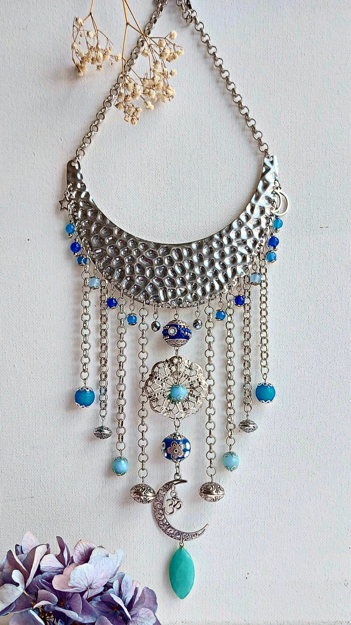 MANDALA MOON Boho Necklace with Blue Jade, Hematite and Kashmiri Beads