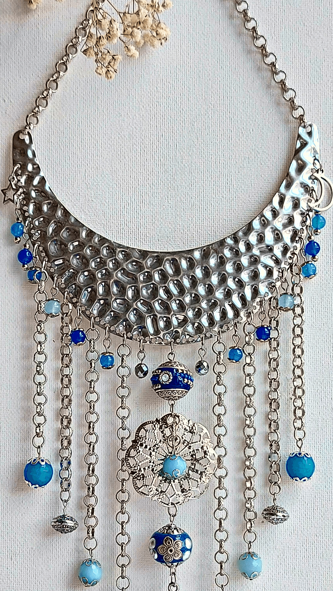 MANDALA MOON Boho Necklace with Blue Jade, Hematite and Kashmiri Beads