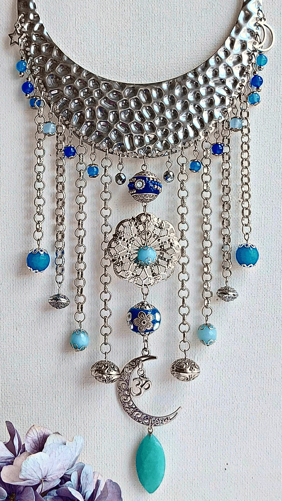 MANDALA MOON Boho Necklace with Blue Jade, Hematite and Kashmiri Beads