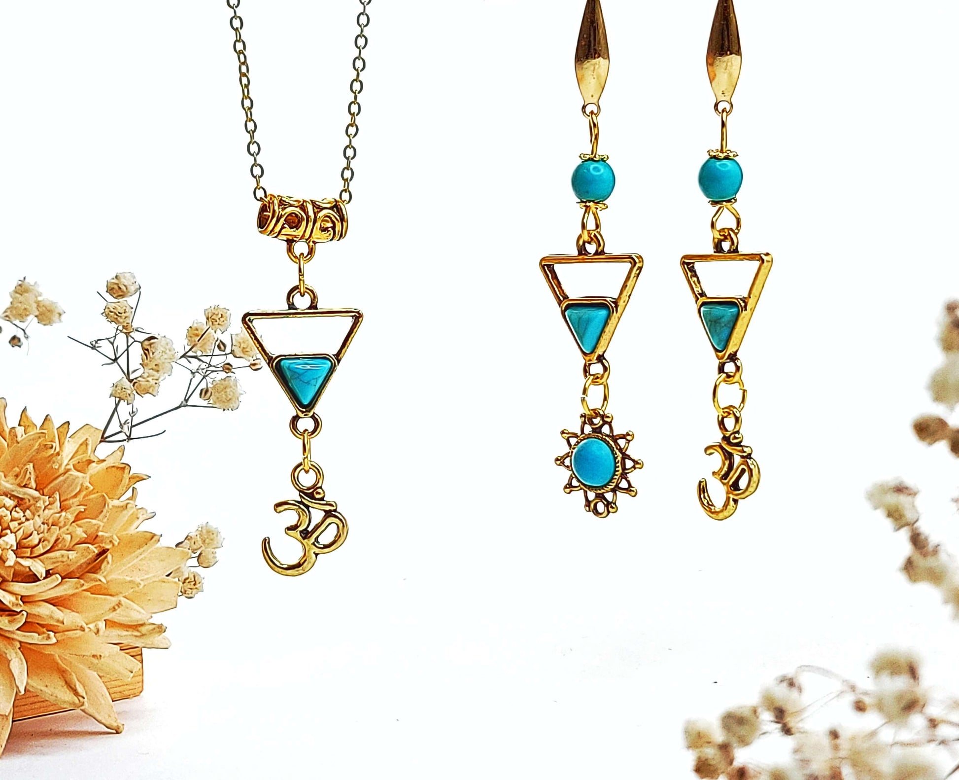 Ketting en oorbellen turquoise en howliet