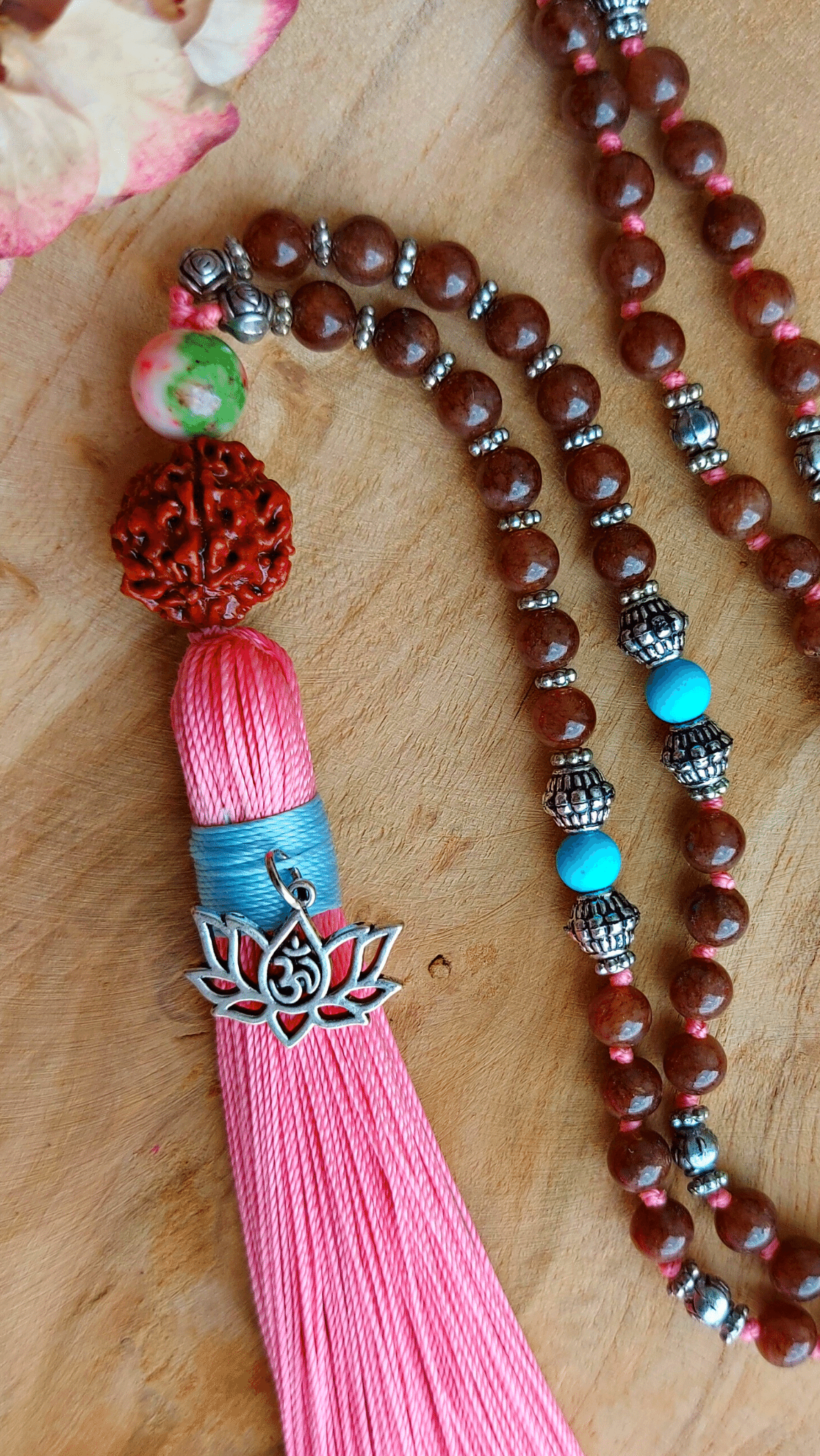 CALM MIND Mala Meditation Necklace with Brown, Oranje, Pink Agate, Blue Turquoise, Pink Green Persian Jade
