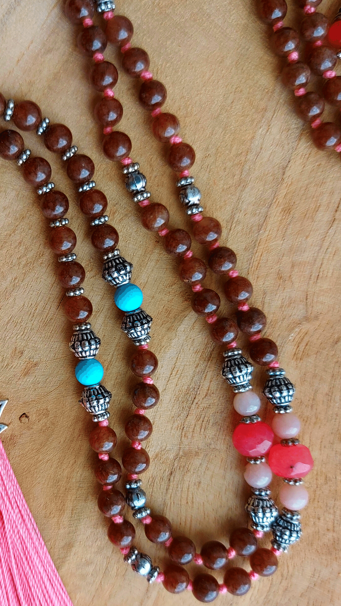 CALM MIND Mala Meditation Necklace with Brown, Oranje, Pink Agate, Blue Turquoise, Pink Green Persian Jade