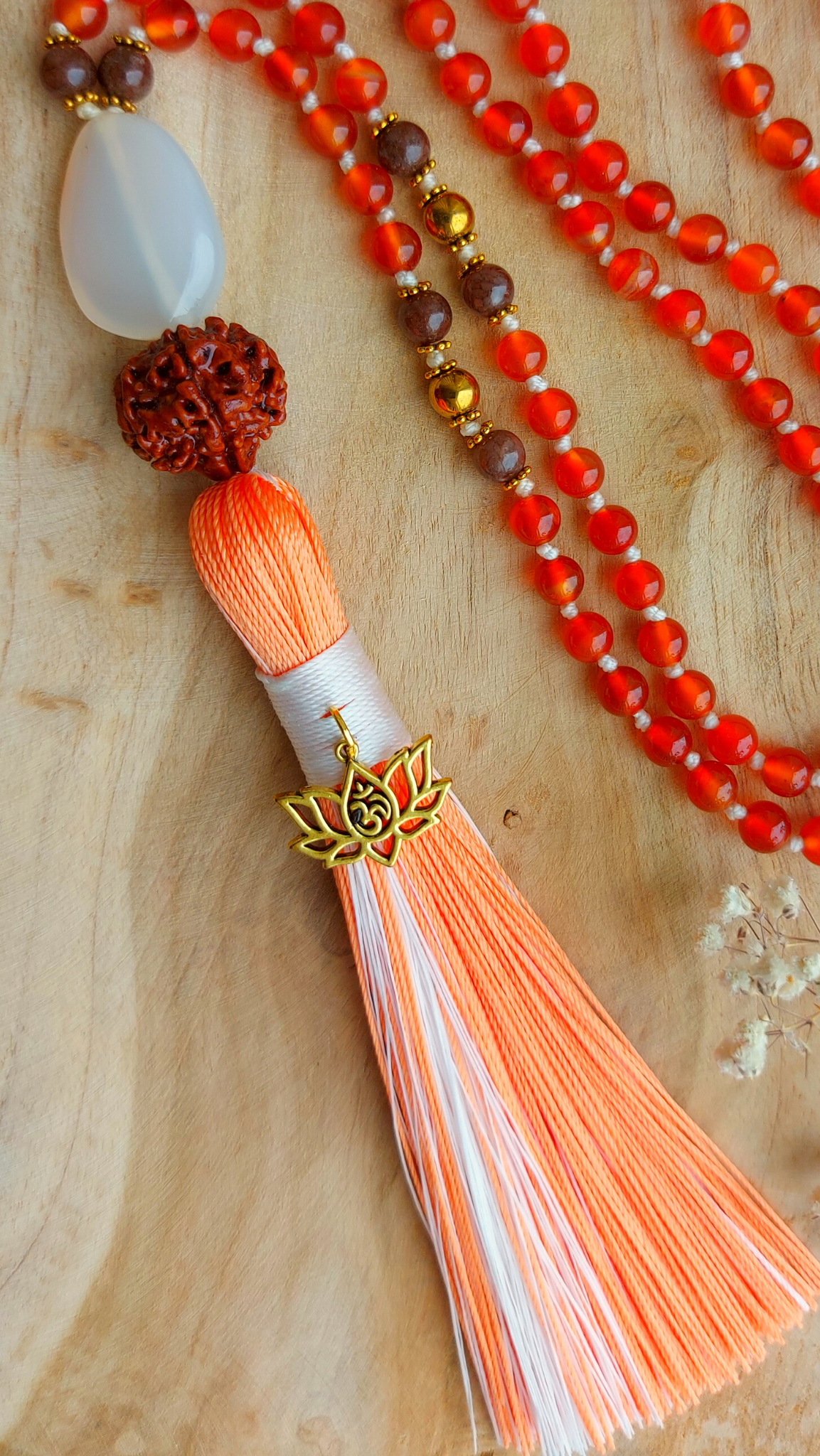 INNER BALANCE Mala Meditation Necklace with Orange Agate and Gold Colored Hematite