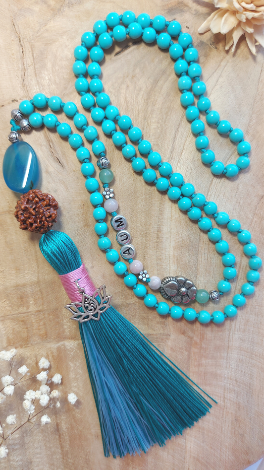 HEALING SOUL Mala Meditation Necklace with Blue Turquoise, Pink and Green Agate