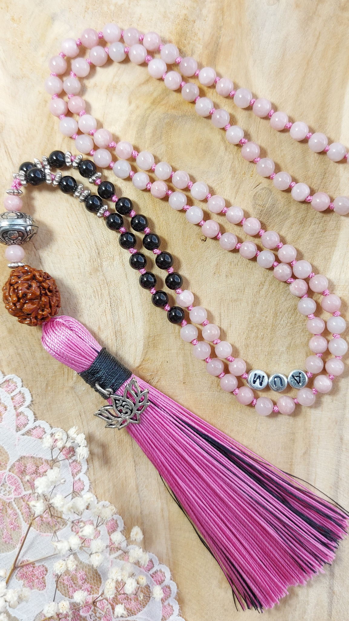 PEACEFUL POWER Mala Meditation Necklace with Pink Agate and Black Onyx