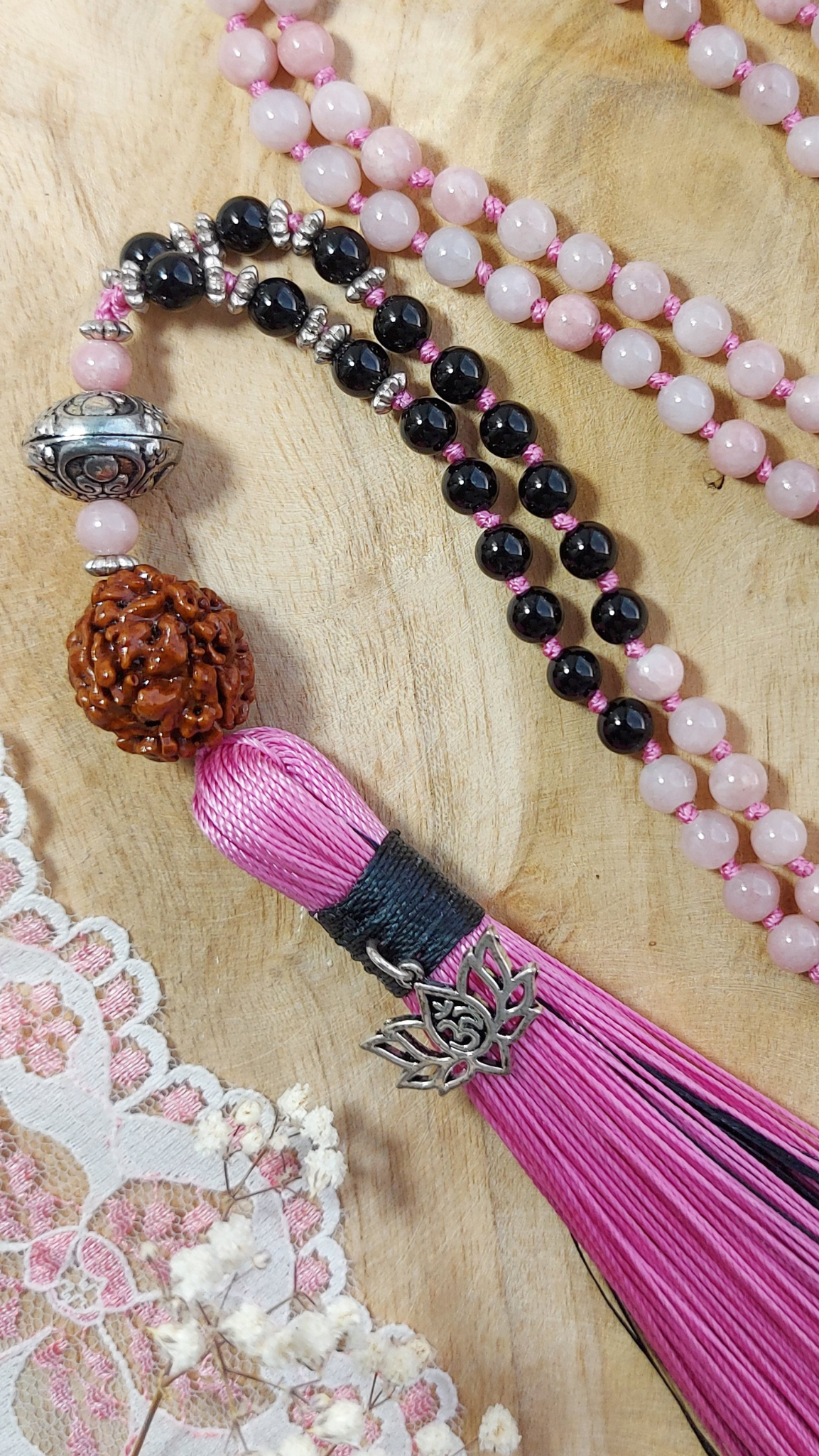 PEACEFUL POWER Mala Meditation Necklace with Pink Agate and Black Onyx