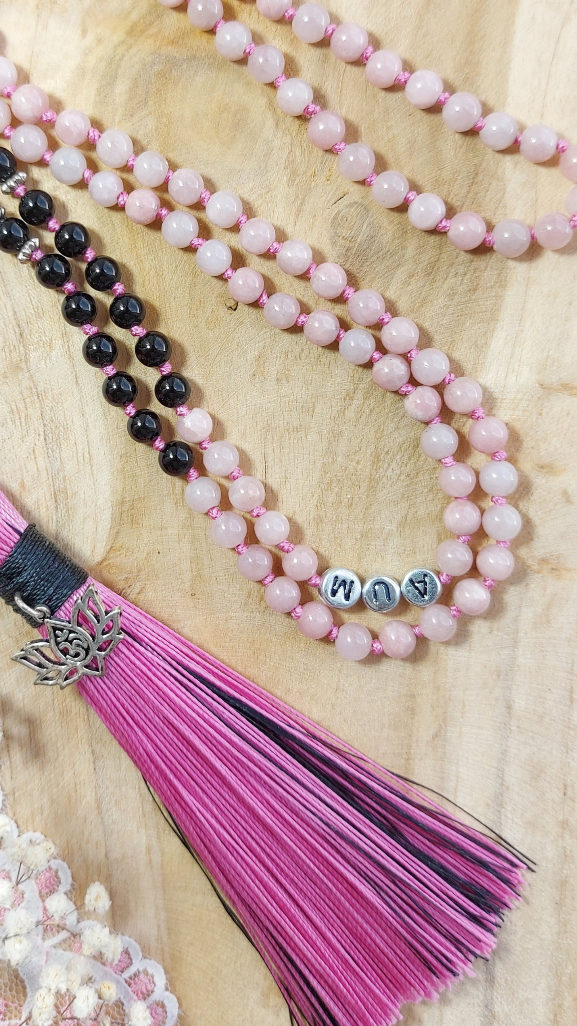 PEACEFUL POWER Mala Meditation Necklace with Pink Agate and Black Onyx