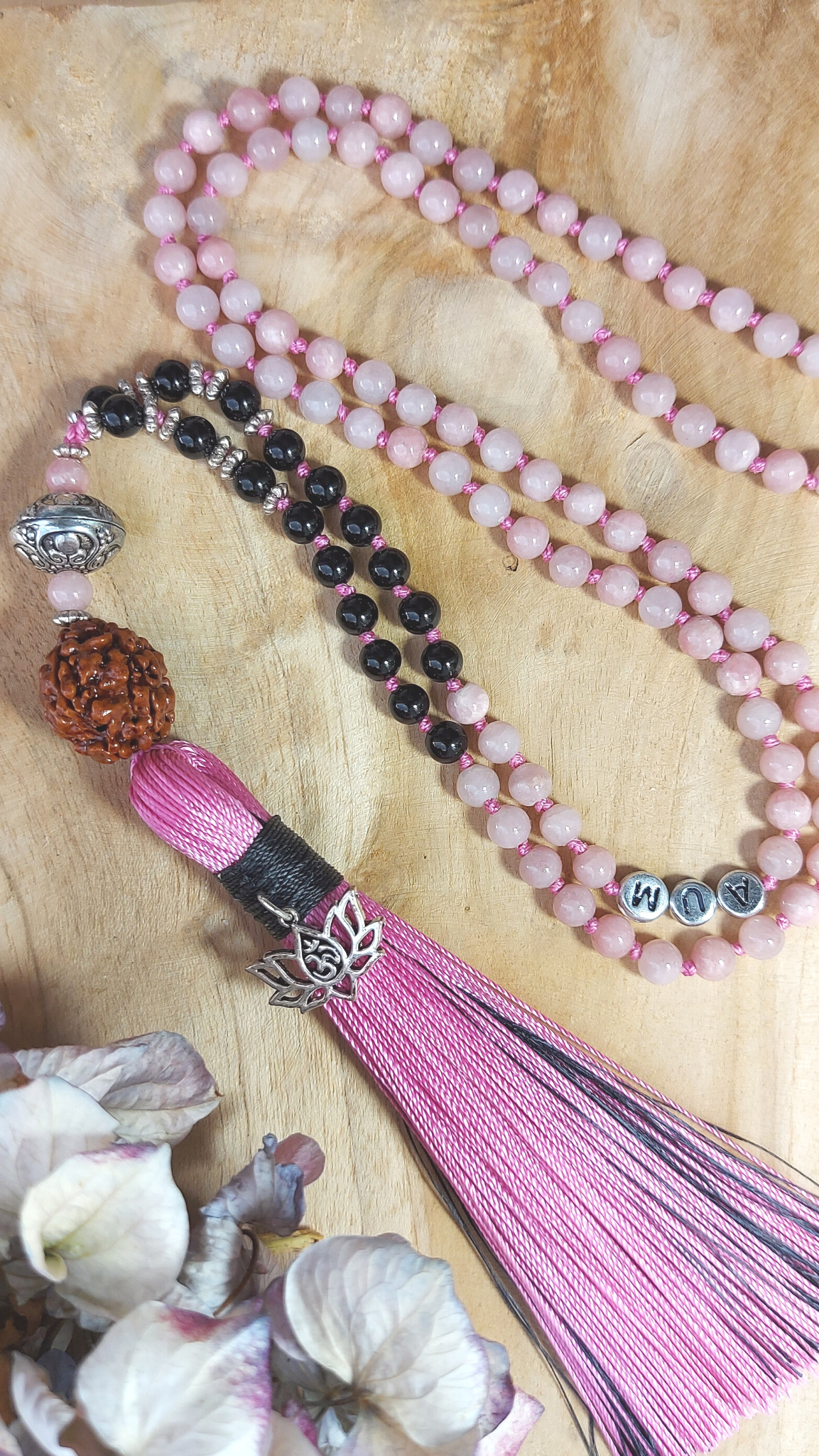 PEACEFUL POWER Mala Meditation Necklace with Pink Agate and Black Onyx